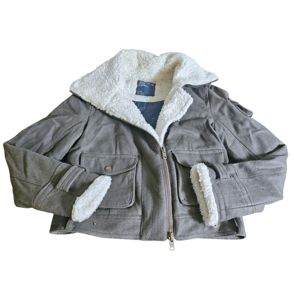 American Eagle Jacket Womens Medium Olive Sherpa Lined Aviator Bomber Utility